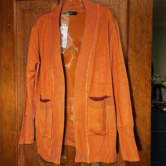 NWT MEROKEETY Women's Small Caramel Orange Open Front Pocketed Cardigan Sweater - Picture 1 of 11